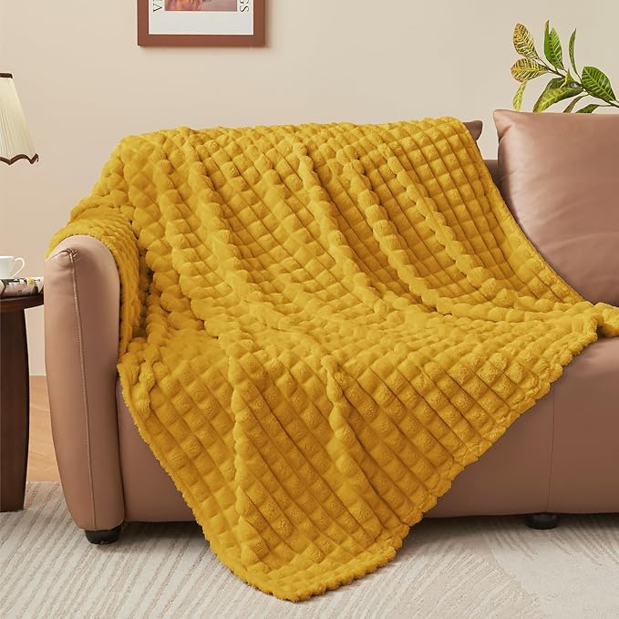 BEDELITE Mustard Yellow Throw Blanket Twin Size for Bed- Super Soft and Warm 3D Checkered Fluffy Fuzzy Fleece Blanket, Luxurious Plush Cozy Blanket for Room Decor Fall and Winter, 60x80 inches