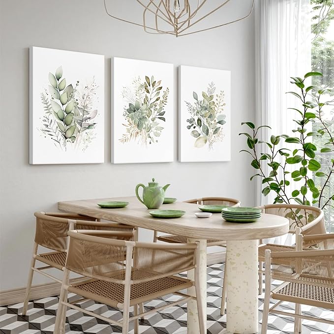 Watercolor Botanical Wall Art Set of 3 Boho Floral Canvas Wall Decor Prints Sage Green Wildflower Wall Art Modern Flower Pictures Botanical Painting for Bedroom Bathroom 16x24 Inch Wrapped Canvas