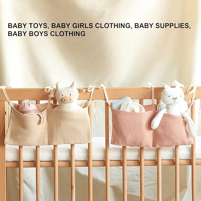 Diaper Caddy, Pure Cotton Cloth Baby Bedside Hanging Storage Bag Diaper Stacker Crib Organizer Hanging for Crib 2 Pockets Adjustable Strap Organizer for Baby Cribs and Toys