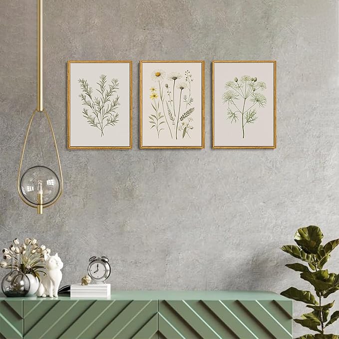 Wodkwq 3 Piece Framed Wall Art Vintage Wall Decor Wildflower Canvas Art Botanical Pictures Floral Paintings Farmhouse Artwork Minimalist Prints for Living Room Bedroom