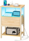 Yoobure Night Stand with Charging Station, LED Nightstand for Bedroom, Bedside Tables with Adjustable Fabric Drawer, 3-Tier End Table Living Room, Small Side Table with Storage, Natural Wood