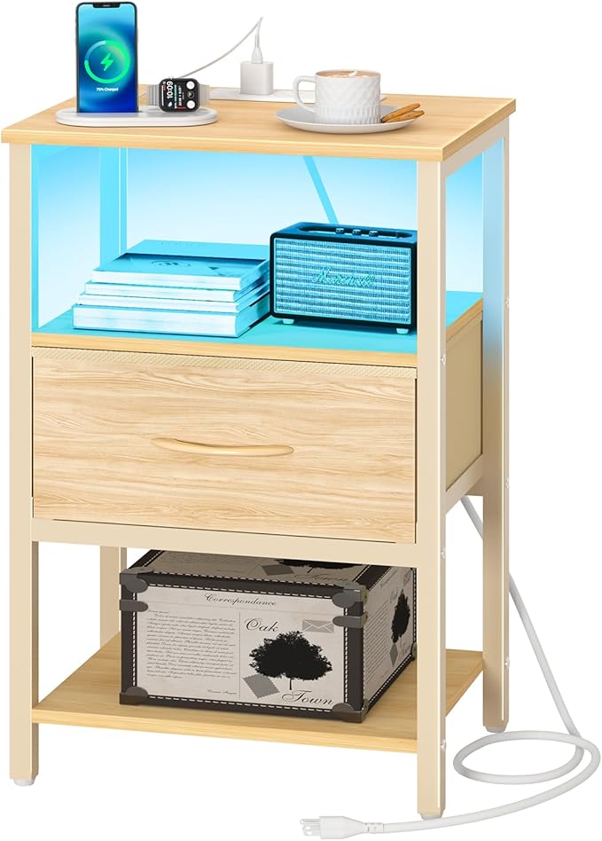 Yoobure Night Stand with Charging Station, LED Nightstand for Bedroom, Bedside Tables with Adjustable Fabric Drawer, 3-Tier End Table Living Room, Small Side Table with Storage, Natural Wood