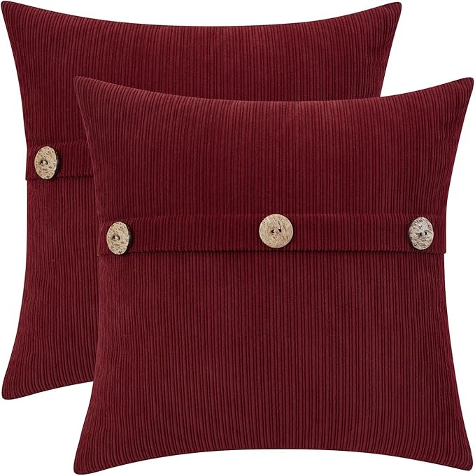 HWY 50 Burgundy Red Chenille Throw Pillow Covers 18x18 Inch with Triple Buttons, Soft Farmhouse Accent Decorative Cushion Cases for Couch Sofa Bed Living Room Pack of 2