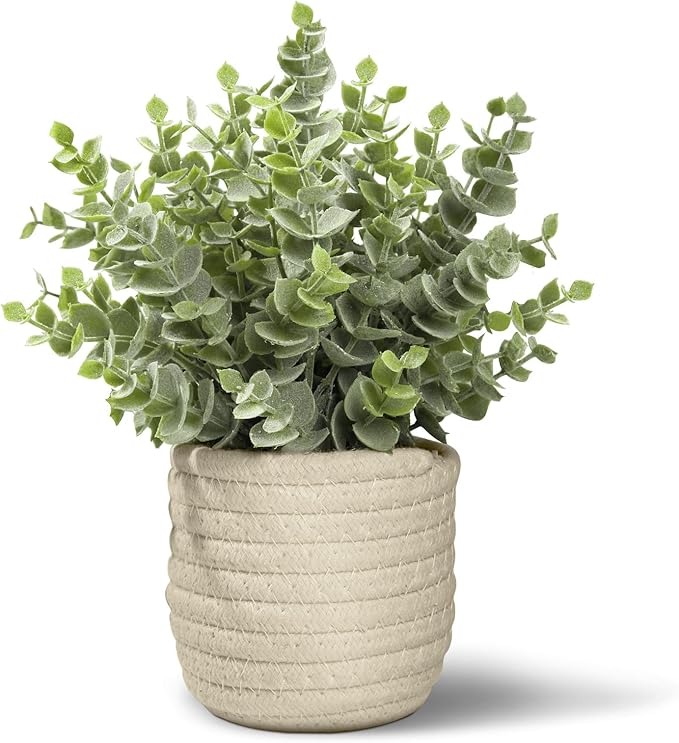 Hopewood Faux Plants, Fake Plants Eucalyptus Potted for Home Office Desk, Artificial Eucalyptus with a Weave Basket for Indoor Greenery Tabletop