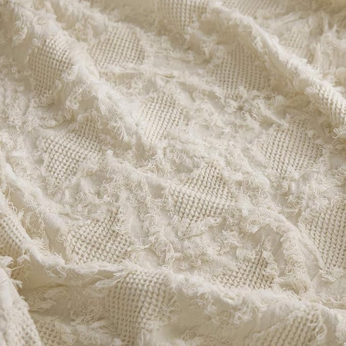 Simple&Opulence 100% Cotton Throw Blanket for Bed, Couch, Boho Textured Geometric Knit Woven Blanket with Tassels Soft, Lightweight Breathable Shabby Chic Farmhouse Decoration for All-Season(White)