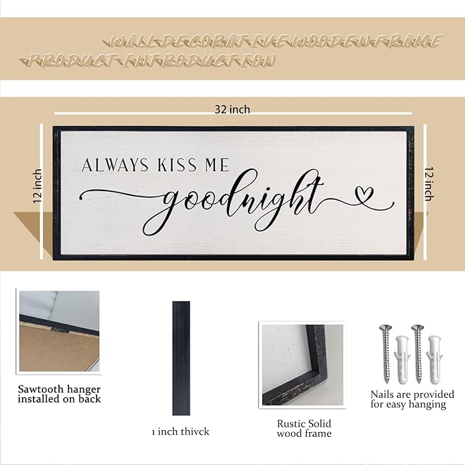 comurdyo Love Theme Always Kiss Me Goodnight Sign 32"×12" Romantic Couple Large Master Bedroom Above bed Wood Frame for Framed Rustic Farmhouse Minimalist Horizontal Wall Art Decor (Black)