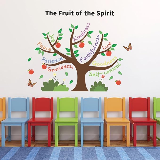 HLNIUC Apple Tree Inspirational Wall Decal (35”x24”)Colorful Inspiring Quotes Wall Sticker The Fruit of the Spirit Art Decal,Motivational Sayings Apple Butterfly Room Sticker for Kids Bedroom,Nursery