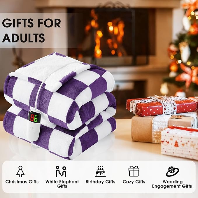 Heated Electric Blanket Throw, 50X60 Heating Blanket with 10 Heat Level & 8 Hours Auto Off for Lap, Deep Purple Checkered Plaid Soft Sherpa Blankets for Mom Grandma Women Couch