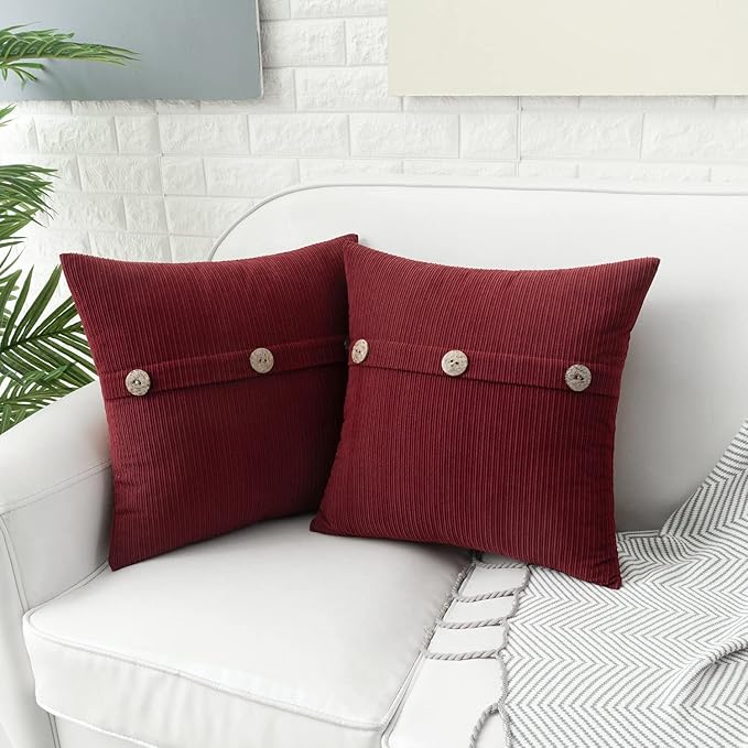 HWY 50 Burgundy Red Chenille Throw Pillow Covers 18x18 Inch with Triple Buttons, Soft Farmhouse Accent Decorative Cushion Cases for Couch Sofa Bed Living Room Pack of 2
