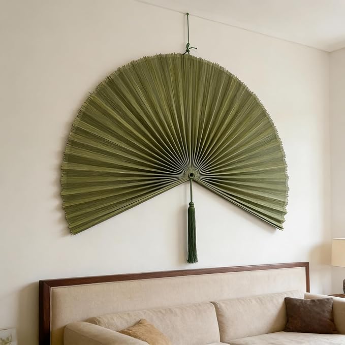 ChumDecor Fan Wall Decor, Japanese Giant Fan, Large Bamboo Fan Wall Art For Boho Hanging Headboard, Decorative Folding Fans For Over Bed, Asia Trending (Army Green 31inch)