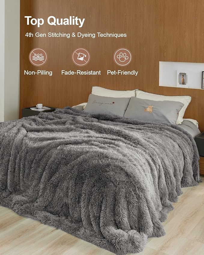 Pawque Faux Fur Blankets Queen Size Fluffy Soft, Sherpa Fleece Luxury Decorative Warm Cozy Blanket for Sofa Couch Bed, Breathable & Washable, Grey / 90x90 inches