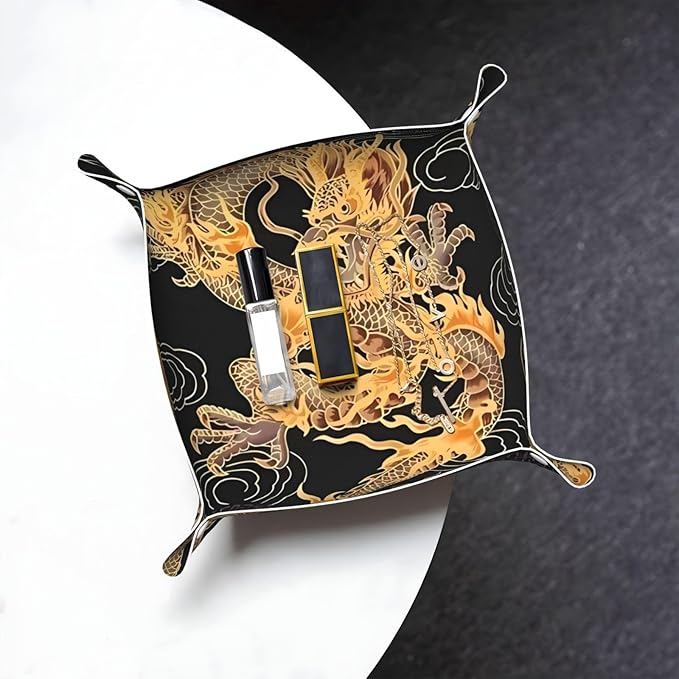 Oriental dragon Leather Vanity Tray Desktop Storage Organizer, Decorative Catchall Perfume Tray, Bathroom Valet Tray,Nightstand Caddy Holder for Keys Phone Wallet Coin Jewelry, S