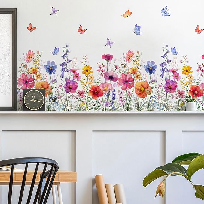 TUOKING Orange Flowers Wall Stickers Decor,Removable Butterfly Wall Murals Peel and Stick Modern Wall Art Decal Home Decor for Kitchen,Bedroom,Living Room(MS3160)