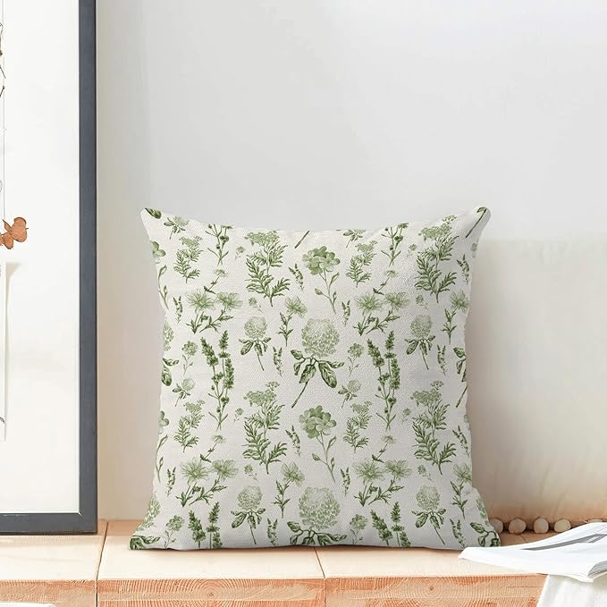 AEIOAE Sage Green Spring Pillow Covers 20x20 Inch Set of 2, Wild Flower Leaves Plant Throw Pillows Case,Seasonal Floral Outdoor Decorative Farmhouse Decor Cushion Covers for Home Sofa Bed Couch