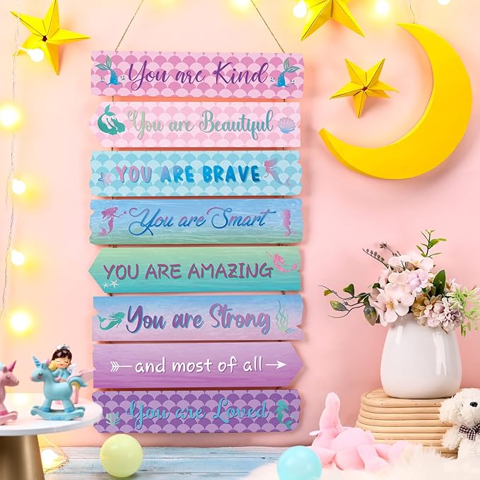 Inspirational Girl Room Decor Aesthetic Art Wall Hanging Sign Inspiring Colorful Rainbow Wooden Decoration for Kids Teens Toddler Boy Baby Bedroom Nursery Dorm Decor, 6-12 Years old (Mermaid)