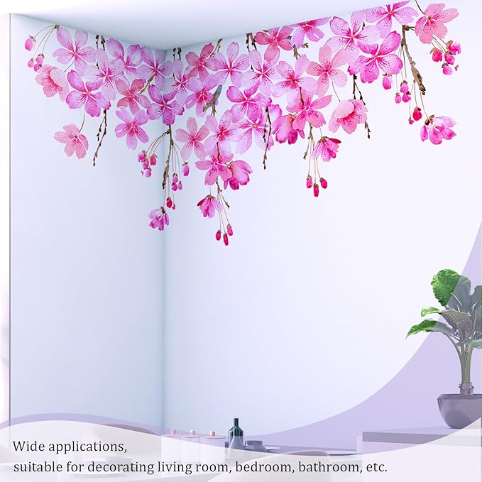 Cherry Blossom Flowers Wall Decals Peel and Stick, Large Floral Vinyl Wall Stickers, Removable Vine Home Decor Art for Bedroom Living Room Classroom Office