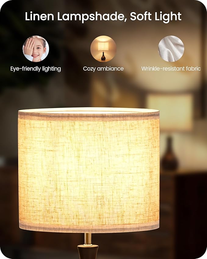 Small Table Lamp, 14.2" Cute Little Desk Lamp, Wood Bedside Lamp with Linen Lampshade, Modern Nightstand Lamp for Bedroom, E26 Base, Bulb Not Included, Beige & Dark Walnut STE09TL05
