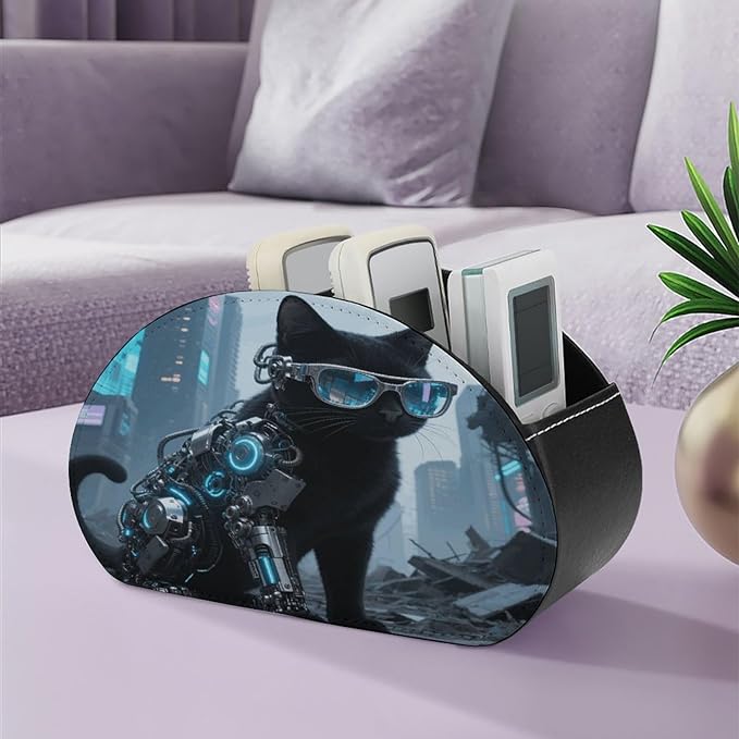 Black Cat Glasses Remote Control Holder Organizer Box with 5 Compartment PU Leather Bedside Storage Caddy Remote Organizer for Controller Media Player Pen/Pencil Storage