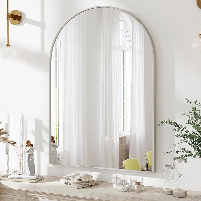 24x36 Arch Mirror Square Full Length Wall Mounted Hanging or Against Wall Metal Aluminum Alloy Frame Dressing Make-up Mirrors for Entryway Bedroom Bathroom Living Room 24 36 inch Silver
