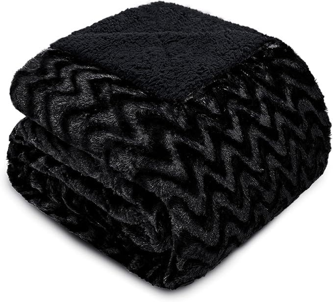 Whale Flotilla Faux Fur Sherpa Twin Size Blanket for Bed, Cozy Reversible Fuzzy Fluffy Plush Blankets for All Season, Warm and Soft, 60x80 Inch, Black