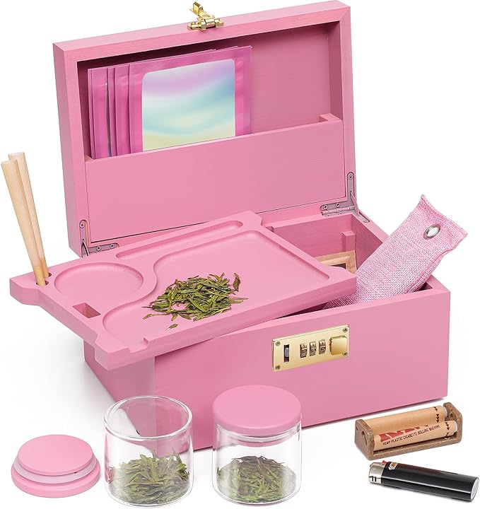 OZCHIN Large Bamboo Box with Combination Lock Decorative box for Home Great Gift Choice Storage Lockbox with Storage Jar, Gifts for Men Women (Pink, 10 x 6.9 x 5 inches)