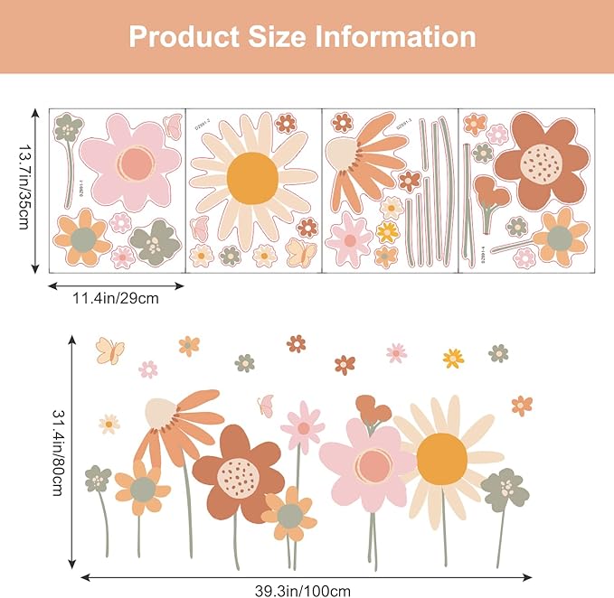 Supzone Colorful Flower Wall Stickers - Boho Retro Vintage Floral Art Decals for Bedroom, Living Room, TV, Office - Large Home Decoration