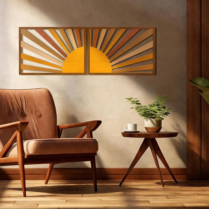 Bnesi 2pcs Boho Wood Wall Art Set Large Bohemian Decoration for Bedroom Above Bed Unique Big Wall Art as Bohemian Wall Decor Ideal for Vintage Home Aesthetics Wall Decor (Colorful)