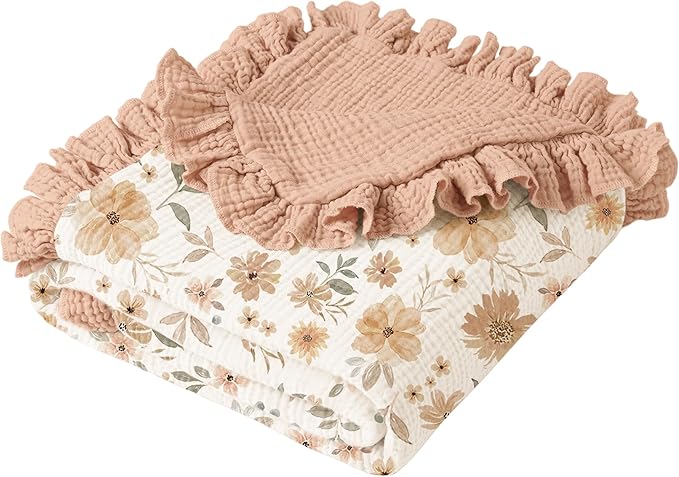 Konssy Flounce Muslin Baby Blanket for Girls Boys, 100% Cotton Soft Crib Swaddle Blankets, Reversible & Breathable Nursery Bedding for Newborns Toddlers, 40 x 36 Inches (Flourish)