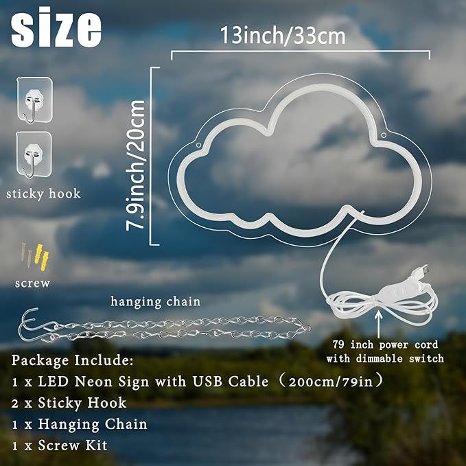 Cloud Neon Sign Cute Warm White Clouds LED Light Sign for Wall,13 * 7.9in Dimmable USB Floating Clouds Light Up Sign for Living Room Kid Bedroom Nursery Birthday Christmas Wedding Party decor