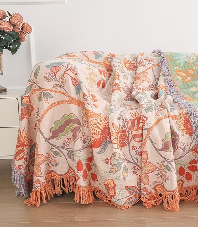 Boho Throw Blankets for Bed Couch, 100% Cotton Soft Cozy Mexican Blanket Rustic Quilt 60"x80",Lightweight Reversible Muslin Farmhouse Decor Blankets for Armchair,Picnic,Sofa