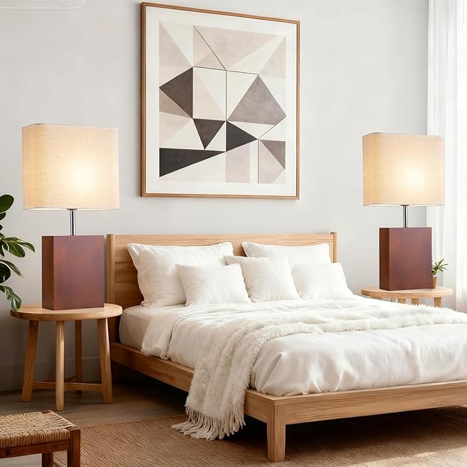 lapupu 23" Wood Table Lamp Set of 2 for Living Room, Modern Bedside Lamps for Bedroom, Large Farmhouse Nightstand Lamp, Desk Lamps for End Table Home Decor, Walnut Wood