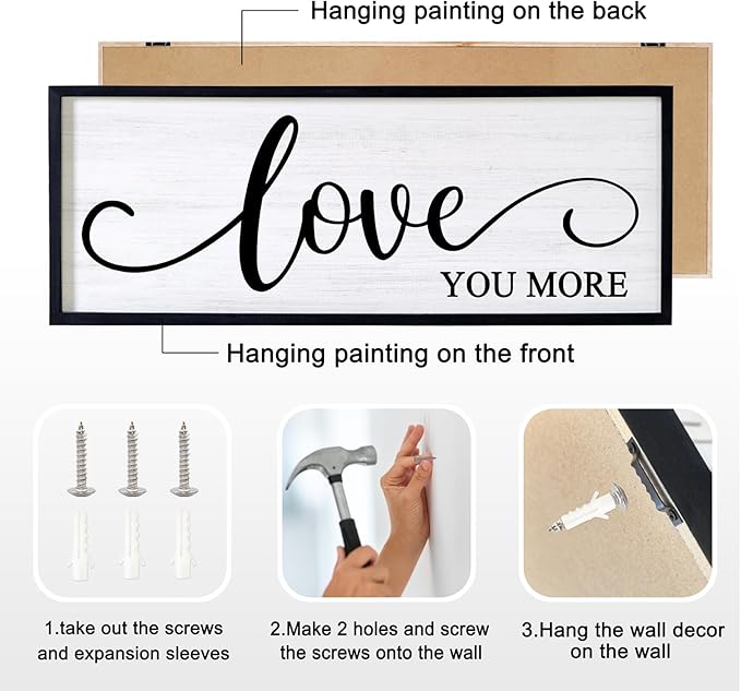 Love You More Decorative Rustic Sign & Plaque Framed Wall Art for Couples, 40''×15'' Vintage Cottagecore Wooden Horizontal Love Quote Home Decor Above Bed for Living Room, Farmhouse Wedding Gift