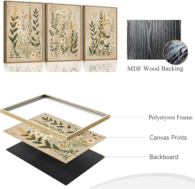 Wodkwq 3 Piece Vintage Floral Canvas Wall Art Framed,Large Wildflower Wall Decor，Neutral Farmhouse Botanical Daisy Wall Painting,Modern Floral Art Prints For Living Room,Bedroom,Office 16x24in