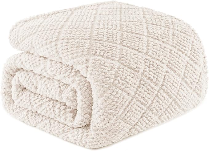 Whale Flotilla Fuzzy Fleece King Size Blanket for Bed, Soft Fluffy Jacquard Waffle Blankets for All Season, Lightweight and Warm, 90x104 Inch, Ivory