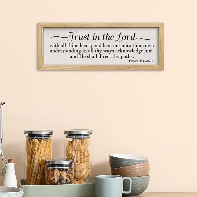 comurdyo Trust in the Lord with All Thine Heart Sign Wall Art 16"×6" Proverbs 3:5-6 Scripture Christian Framed Wood Decor (Wood)
