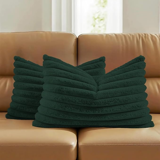 FUTEI Dark Green Decorative Throw Pillow Covers Set of 2, 12x20 Inch Soft Fluffy Faux Fur Plush Striped Lumbar Pillowcases, Modern Home Decor for Couch Bed Living Room
