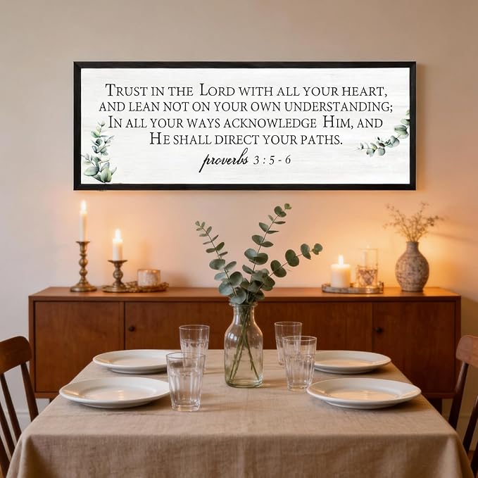 Trust in the Lord with All Your Heart Wall Art: 40"x15" Framed Bible Verse Wooden Sign, Proverbs 3:5–6 Christian Wall Decor, Large Rustic Scripture Home Decor, Black
