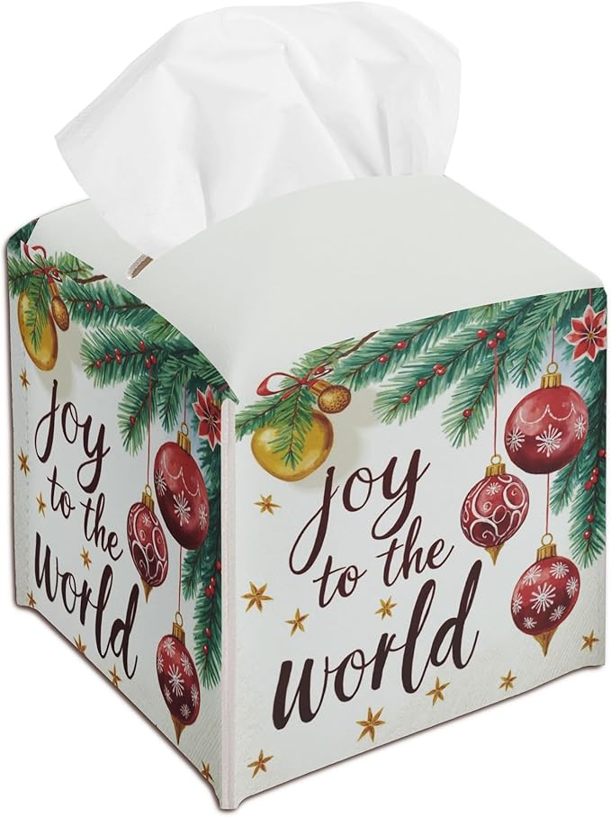 Christmas Balls Tissue Box Cover Holder, Winter Tissue Box Cover Square, Xmas Gift Ideas for Family Friends, Joy to The World Christmas Decor for Bathroom Kitchen Car Office(5.2 Inches)-B04