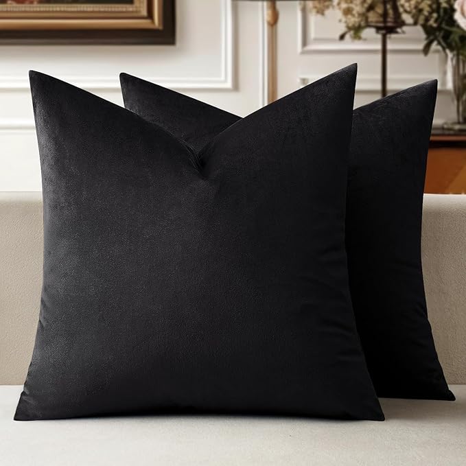 MIULEE 26x26 Inch Euro Sham Velvet Pillow Covers, Set of 2 Large Square Decorative Pillows -Black Super Soft for King Bed, Sofa, Couch, Accent Chairs with Hidden Zipper