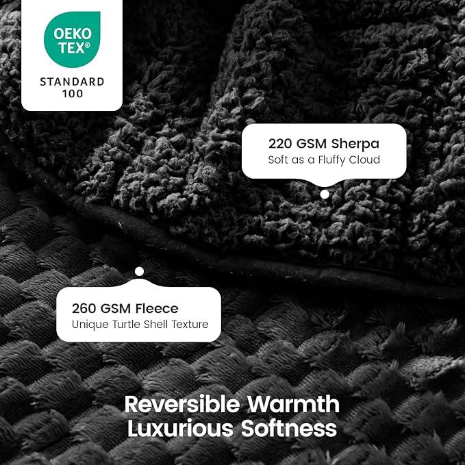 Super Fuzzy Soft Fleece Sherpa Weighted Blanket 15 lbs for Adults, 3D Imitation Turtle Shell Luxury Weighted Throw for Better Sleep, Dual Sided Cozy Heavy Blankets for Couch Bed, Black, 48" x 72"