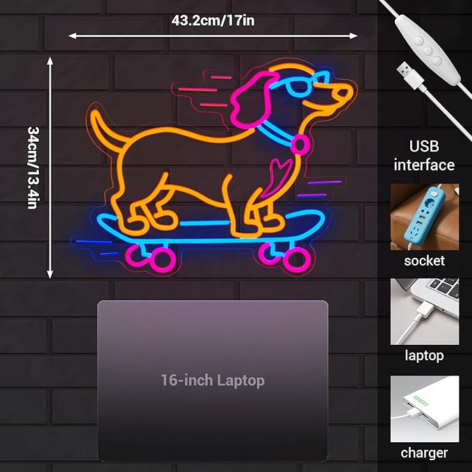 Dachshund Skateboarding Neon Sign, Skateboard Dog Neon Signs for Wall Decor Cool LED Wall Art Decor, Dimmable Dog Lover Gift for Living Room, Bar, Shop, or Birthday Party