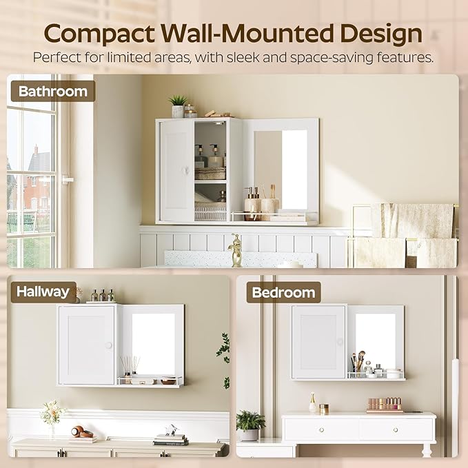 Medicine Wall Cabinet with Mirror, Bathroom Mirror with Storage, Medicine Cabinet Mirror, Wall Mounted Home Storage, Adjustable Shelf, for Laundry Room, Bedroom, Camper, Hallway, White