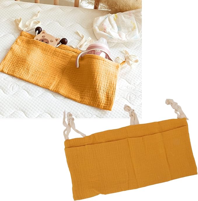 Crib Organizer Hanging for Crib, Linen Baby Bedside Hanging Storage Bag Bedside Caddy Baby Bottle Storage Organizer 2 Pockets Organizer for Baby Cribs and Toys, Turmeric