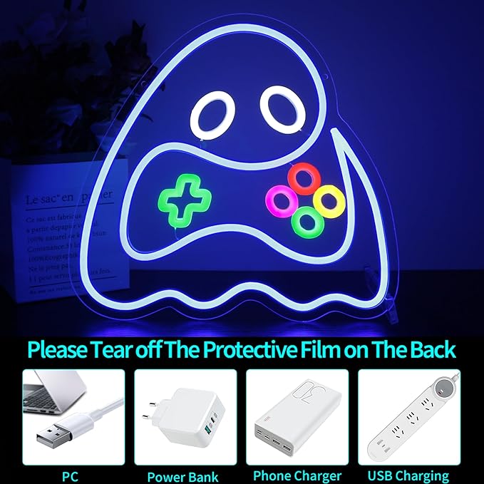 Neon Sign, HSJNJKFU Game Neon Signs for Wall Decor Ghost Gaming Led Light up Signs for Room Home Halloween Playroom Party Bar Beer Signs for Man Cave - LED Neon USB Powered