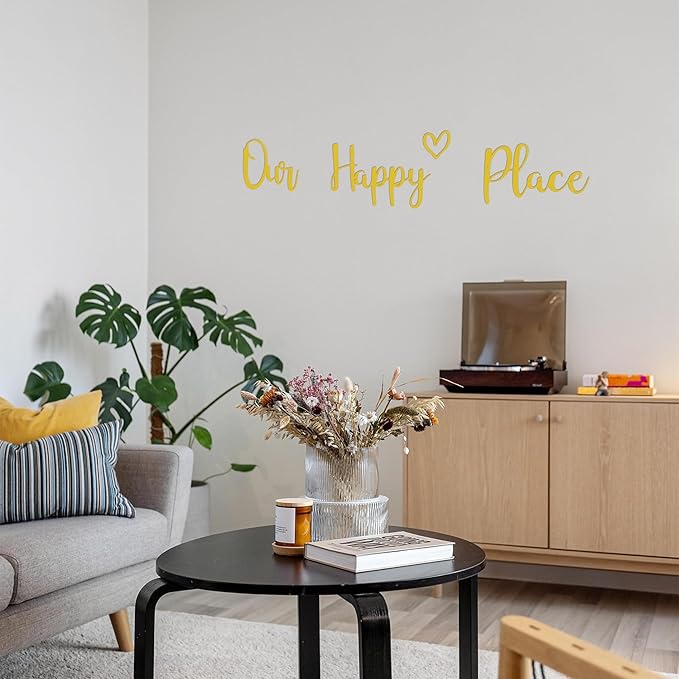Our Happy Place Sign Metal Wall Decor Hanging Art Words Home Decor for Patio, Living Room, Bedroom, Kitchen, Bathroom and More, Gold
