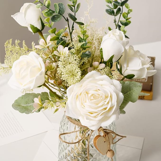 YJ Fake Flowers with Vase, Silk Roses Artificial Flowers in Vase, Faux Flower Plant Arrangement Suitable for Home Office Decoration, Dining Table Centerpiece(White)