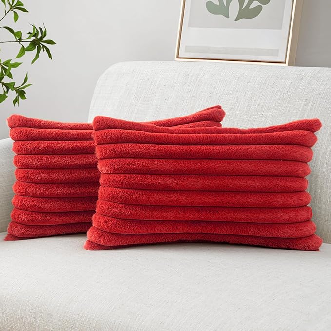 MIULEE Faux Fur Decorative Throw Pillow Covers 12x20 Inch Set of 2, Modern Spring Home Decor Soft Plush Couch Pillows Cozy Fluffy Cushion Covers for Sofa Bed Red