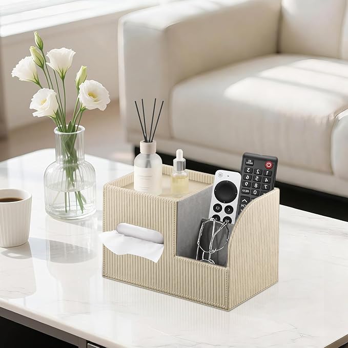 Fanousy Modern PU Leather Cube Tissue Box Cover with Storage Tray, Multifunctional Remote Control Holder & Facial Tissue Dispenser Organizer for Nightstand, Bathroom, Bedroom, Office & Home Decor