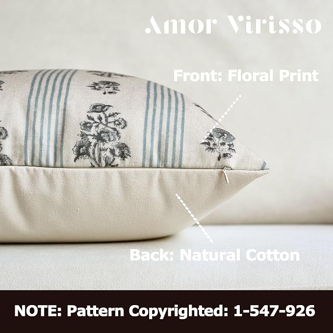 Amor Virisso Floral Throw Pillow Covers 20x20 Set of 2 Block Print Pillow Covers Neutral Floral Striped Farmhouse Decorative Pillow Covers for Sofa Couch Bed, Light Blue