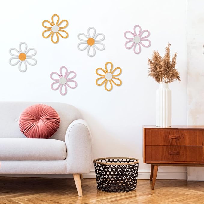 6 Pcs Boho Nursery Daisy Wall Decor, Woven Flowers Wall Hanging Art - Orange Pink and White Boho Floral Room Decor with Lanyard for Office Toddler Baby Little Girls Kids Home Bedroom Above Bed Decor